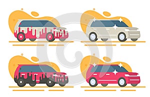 Car dirty washed flat cartoon vector illustration graphic set, auto vehicle clean shiny and messy, automobile carwashÂ service